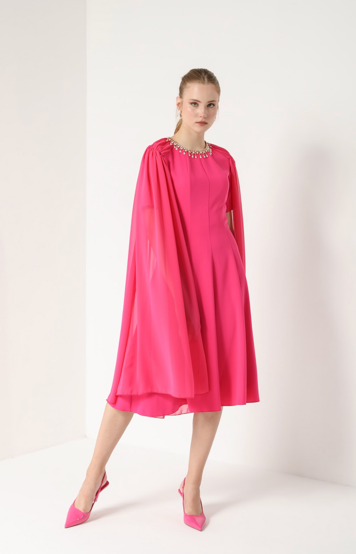 A-LINE MIDI DRESS WITH CAPE SLEEVE